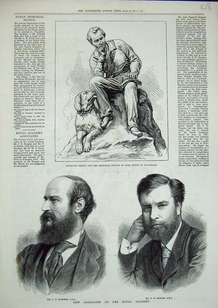 Original Old Antique Print 1877 Royal Academy Burgess Morris Lord Byron Statue