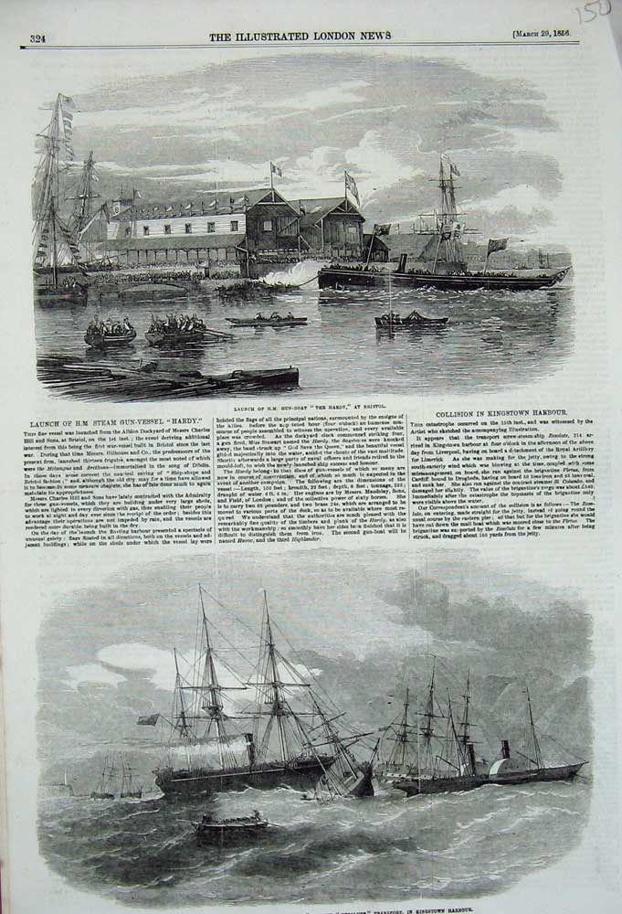 Original Old Antique Print 1856 Brigantine Virtue Ship Resolute Gun Boat Hardy