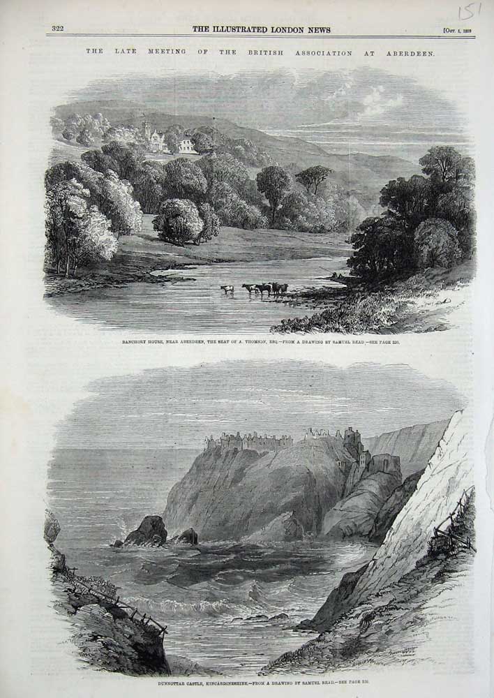 Old Antique Print 1859 Banchory House Aberdeen Thomson Dunnottar Castle 19th