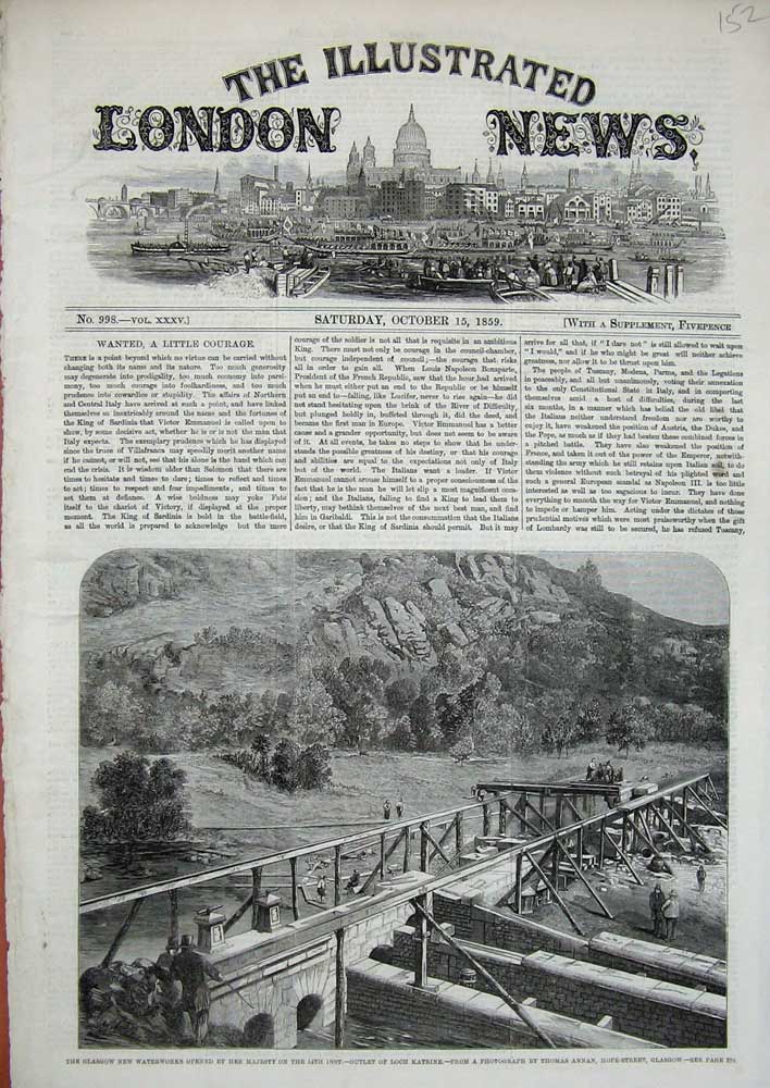 Original Old Antique Print 1859 Glasgow New Waterworks Loch Katrine Scotland