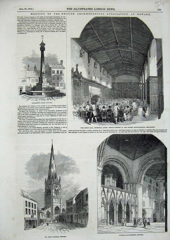 Original Old Antique Print 1852 Mary'S Church Newark Southwell Minster Newstead