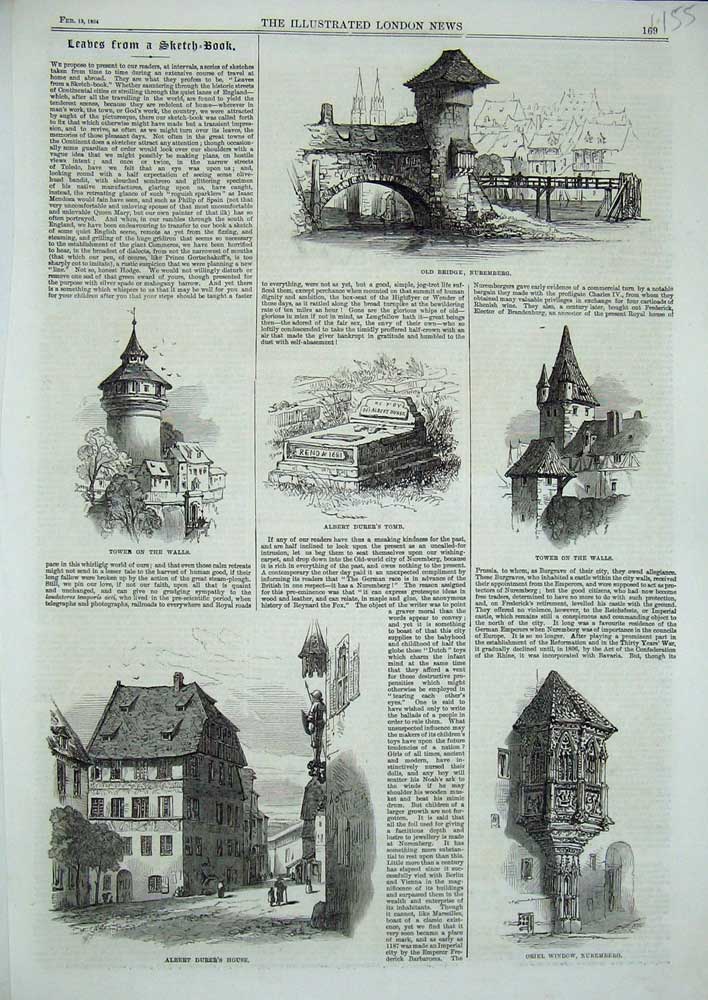 Old Antique Print 1864 Nuremberg Oriel Window Albert Durer'S Tomb Tower 19th