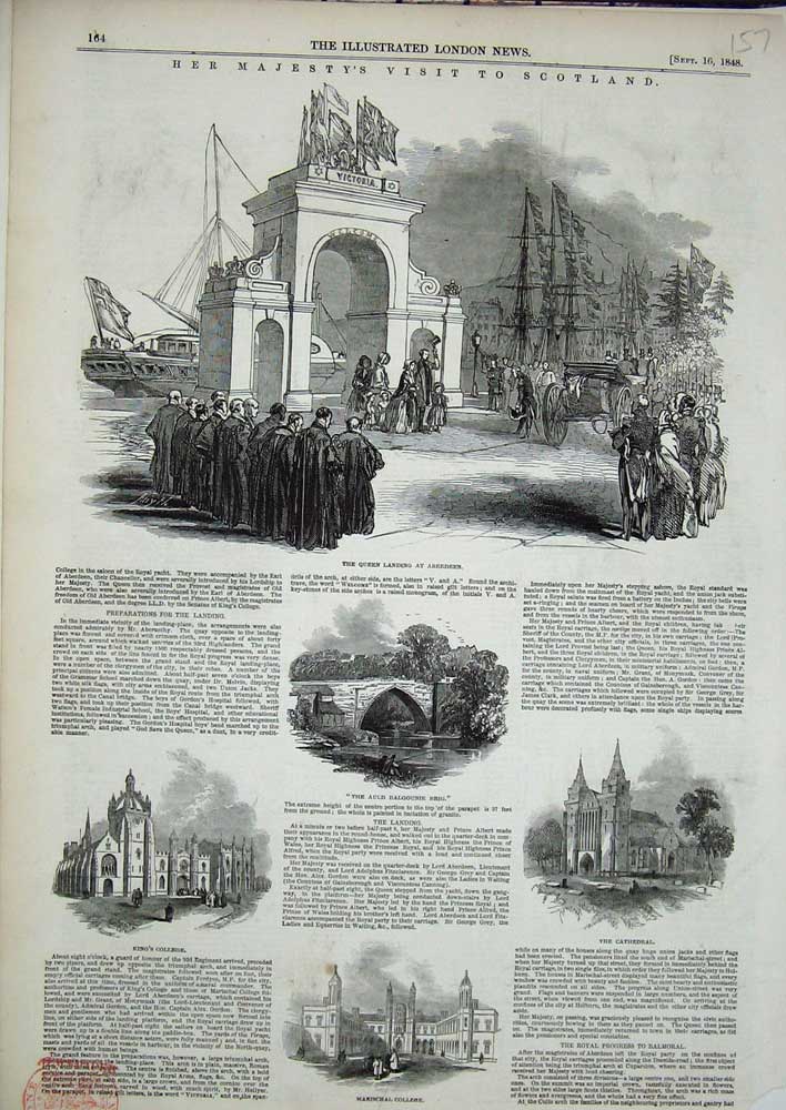 Old Antique Print 1848 Marischal College Cathedral Scotland Aberdeen Ship 19th