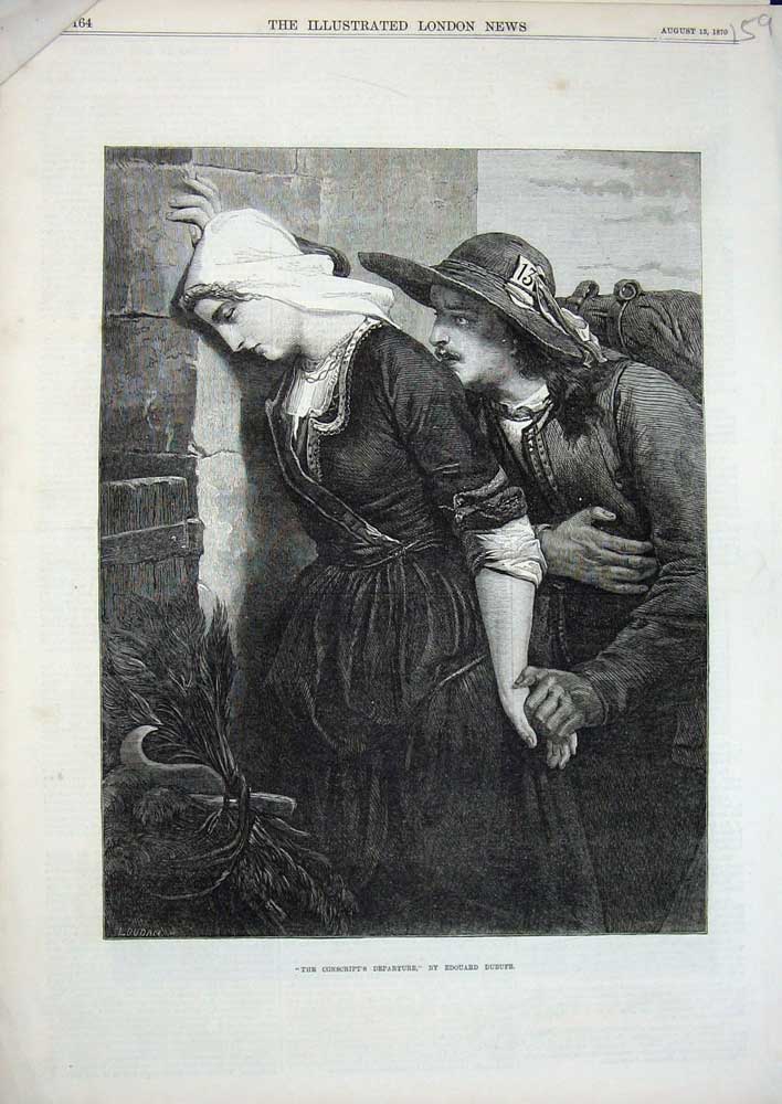 Old Antique Print 1870 Scene Conscript'S Departure Romance Lady Man Art 19th