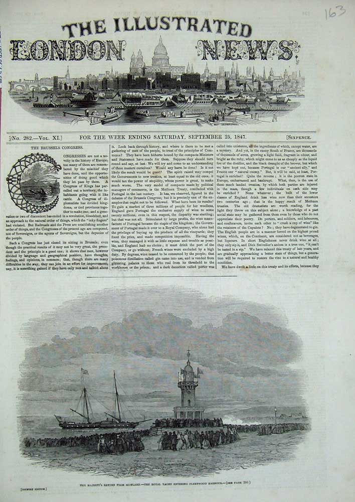 Old Antique Print 1847 Queen Scotland Royal Yacht Fleetwood Harbour Ship 19th