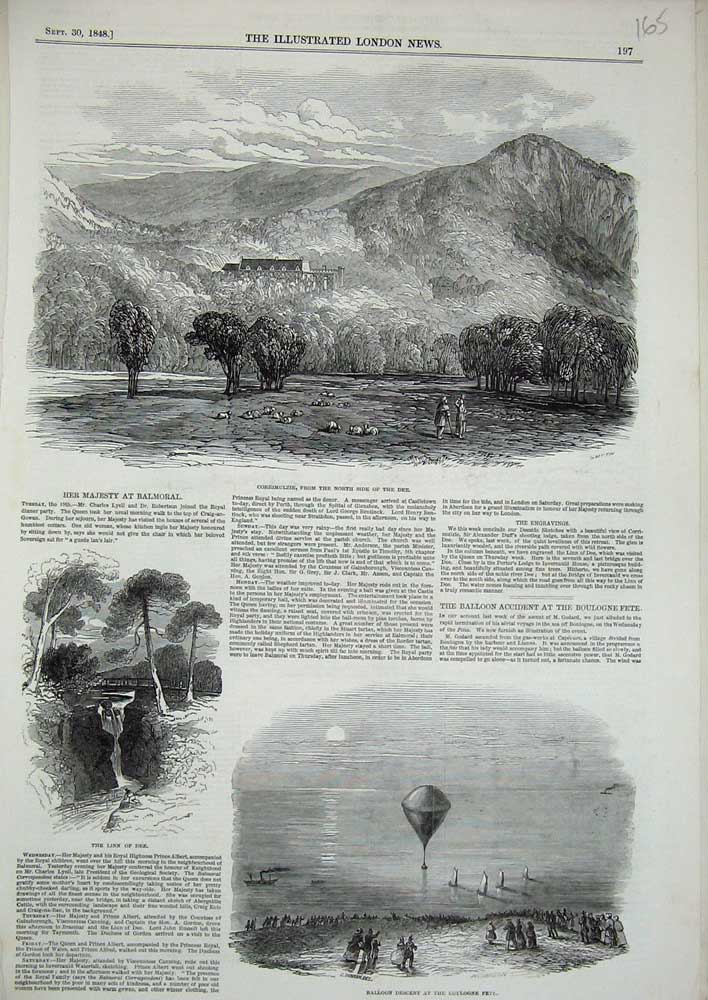 Original Old Antique Print 1848 Balloon Linn Dee Corrimulzie River Scotland