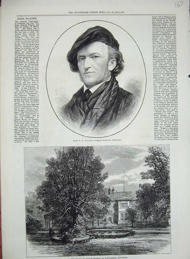 Old Antique Print 1876 Herr Wagner German Composer Belgrade Milosh Prince 19th