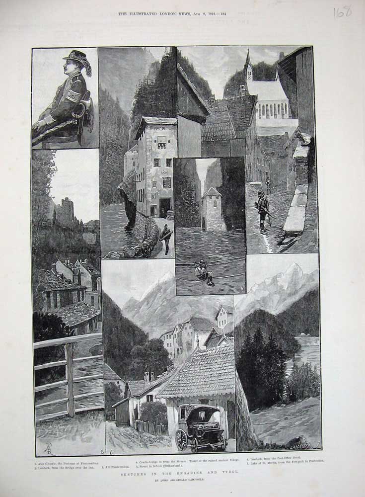 Old Antique Print 1891 Engadine Tyrol Alec Gitterle Landeck Switzerland 19th