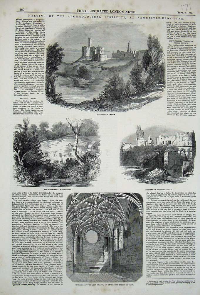 Original Old Antique Print 1852 Chapel Priory Church Tynemouth Warkworth Castle