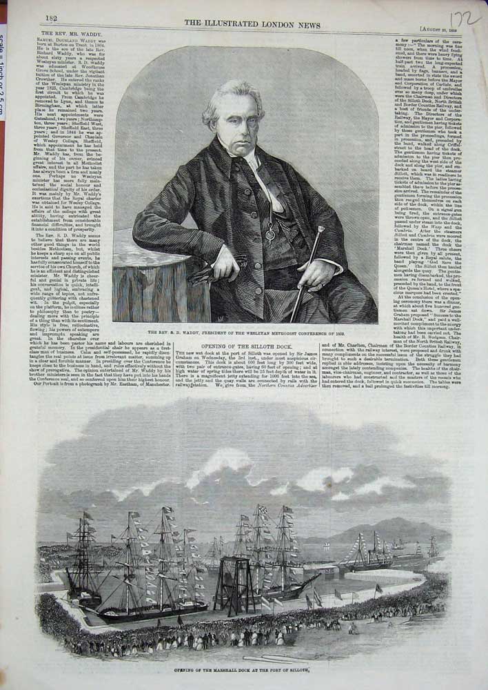 Original Old Antique Print 1859 Marshall Dock Silloth Ships Rev. Waddy Wesleyan