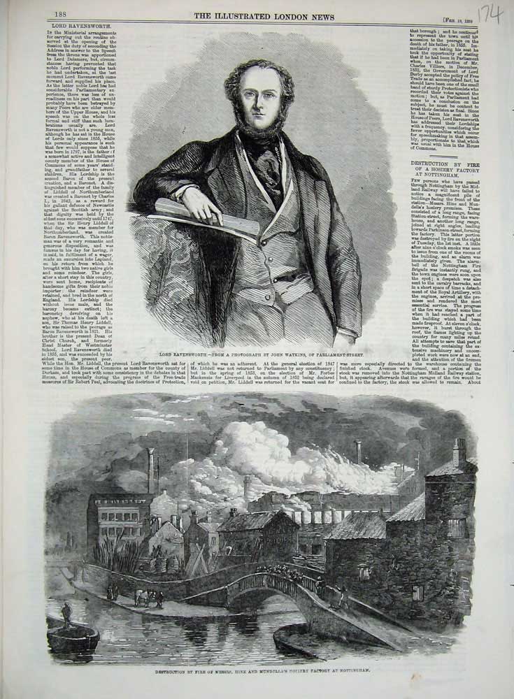 Old Antique Print 1859 Lord Ravensworth Mundella'S Hosieyr Factory River 19th