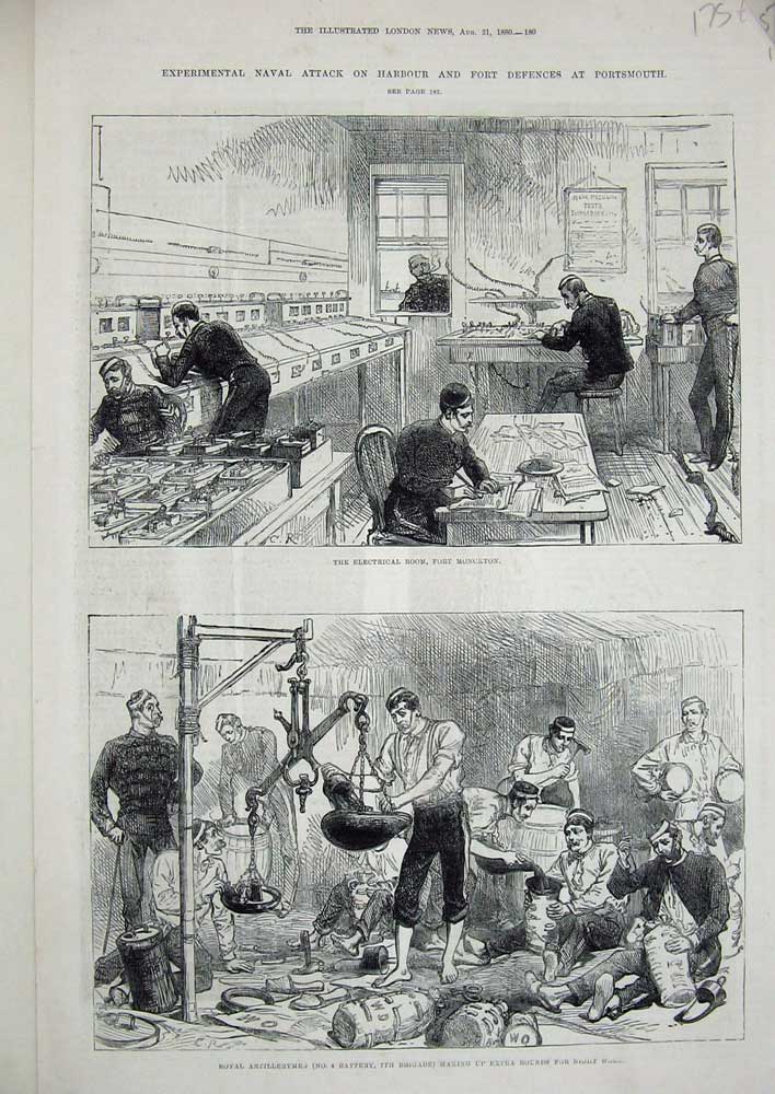 Original Old Antique Print 1880 Electrical Room Fort Monckton Siers Portsmouth