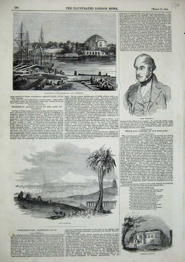 Old Antique Print 1884 Sudeley Castle Tunis Stockholm Lord Campbell Ships 19th