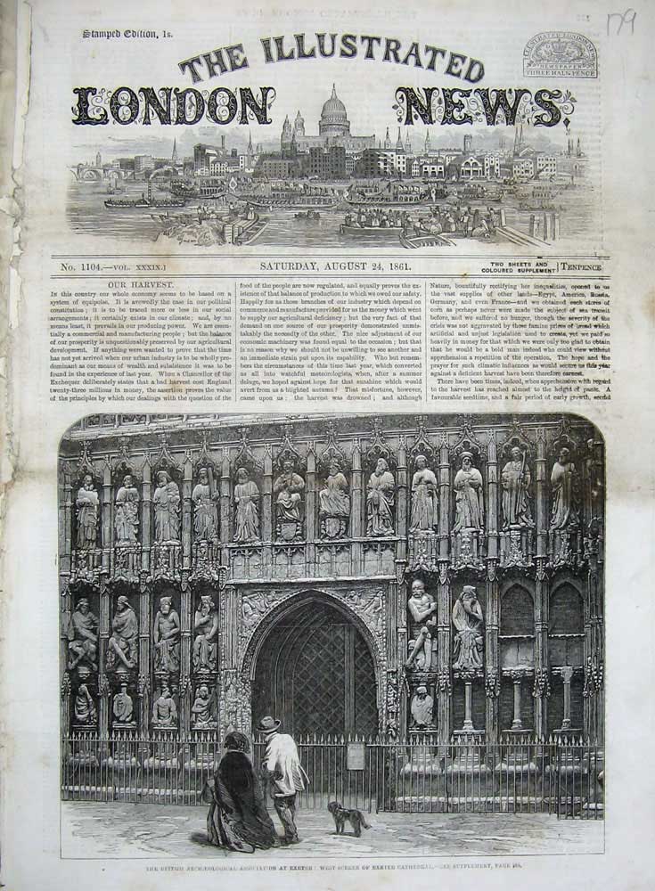 Original Old Antique Print 1861 West Screen Exeter Cathedral Archaeological