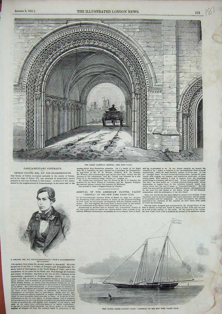 Old Antique Print 1851 United States Clipper Yacht America Abbey Bristol 19th