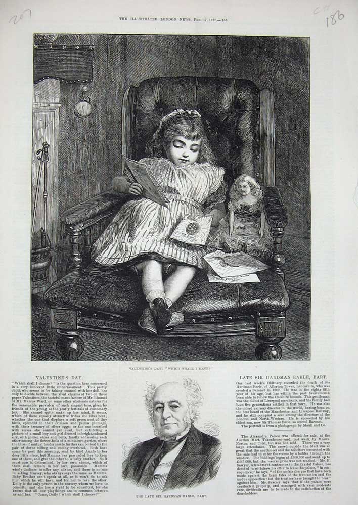 Old Antique Print 1877 Sir Hardman Earle Little Girl Valentines Day Cards 19th