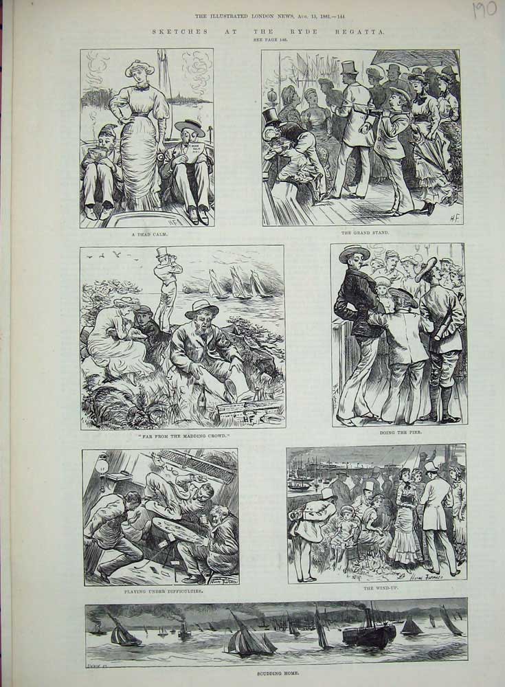 Original Old Antique Print 1881 Ryde Regatta Boats Scudding People Victorian