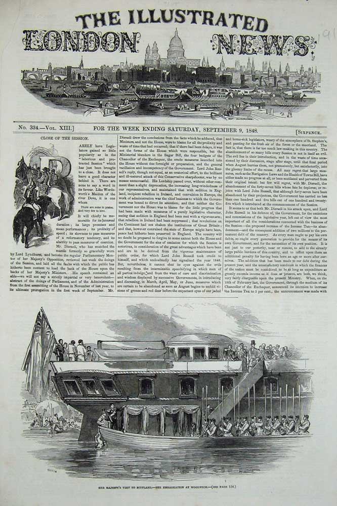 Original Old Antique Print 1848 Queen Scotland Woolwich Ship Yacht Boat 19th