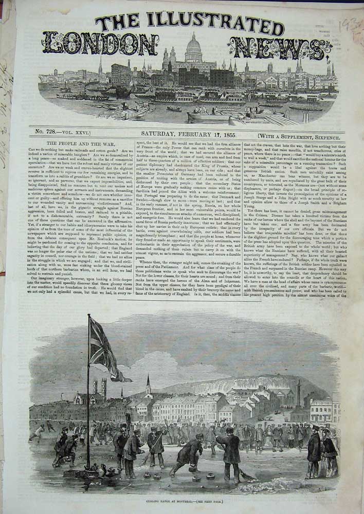 Original Old Antique Print 1855 Curling Match Montreal Canada Sport Men 19th