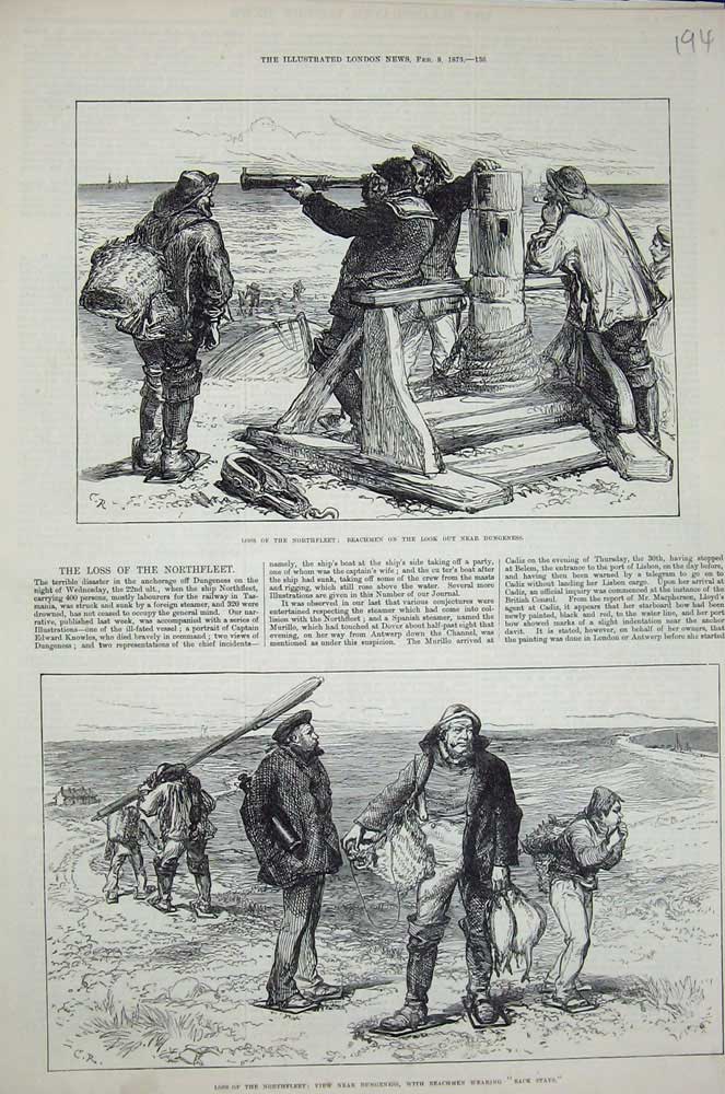 Original Old Antique Print 1873 Loss Northfleet Ship Seamen Dungeness Beachmen