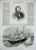 Old Antique Print 1856 New Graving Dock Lowestoft Colonel Fremont America 19th
