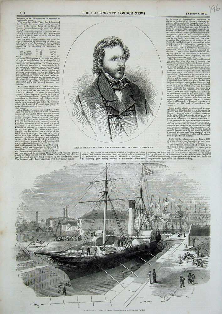 Old Antique Print 1856 New Graving Dock Lowestoft Colonel Fremont America 19th