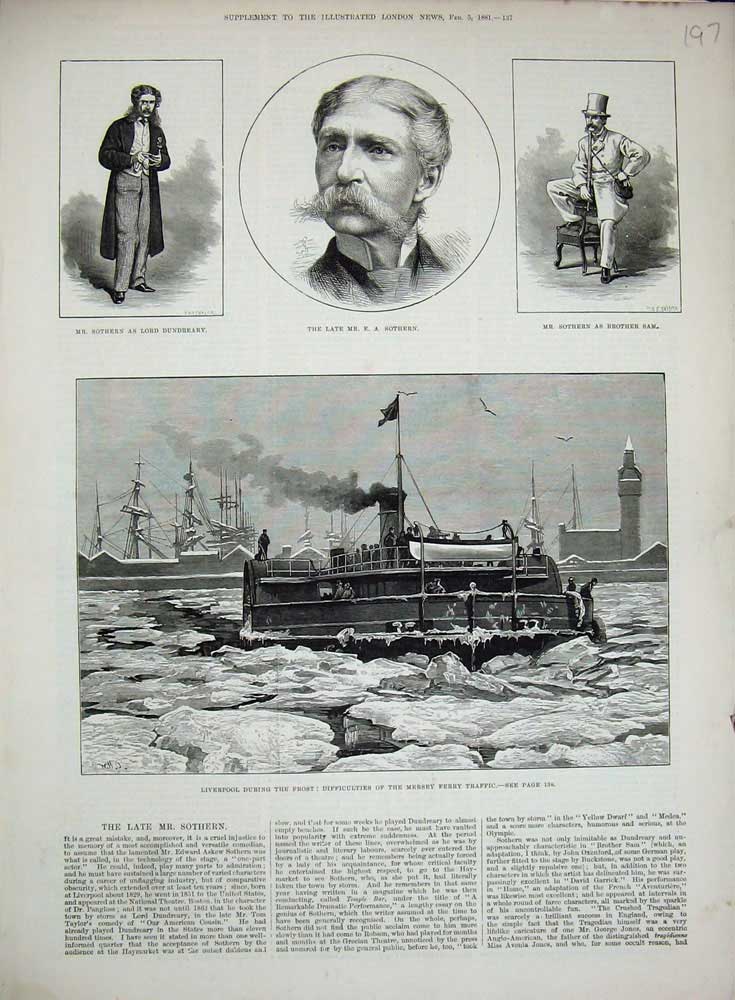 Old Antique Print 1881 Liverpool Mersey Ferry Ice Lord Dundreary Theatre 19th
