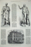 Original Old Antique Print 1872 Newcastle Bank England Statue Lord Farnham Hall