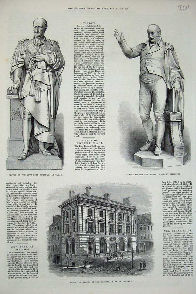 Original Old Antique Print 1872 Newcastle Bank England Statue Lord Farnham Hall