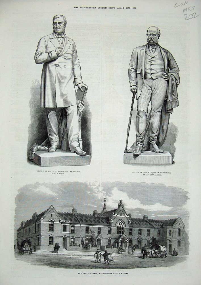 Old Antique Print 1873 Drover'S Cattle Market Statue Chadwick Downshire 19th