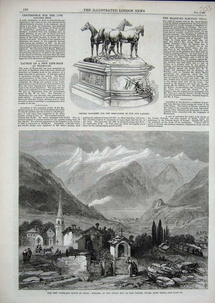 Old Antique Print 1869 Modane Tunnel Mount Cenis India Ornament Lancers 19th