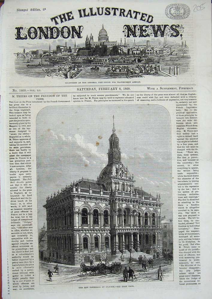 Original Old Antique Print 1868 New Townhall Ipswich Architecture Building 19th