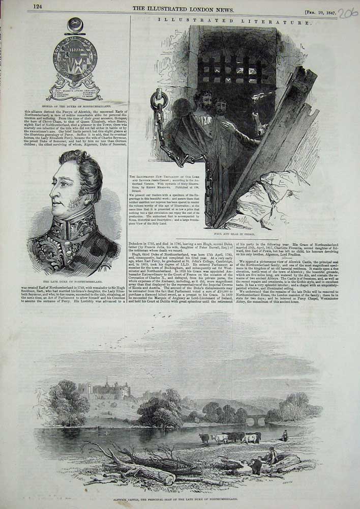 Original Old Antique Print 1847 Alnwick Castle Duke Northumberland Paul Prison