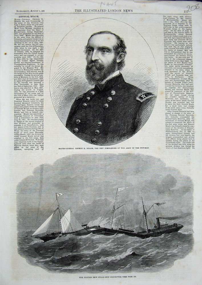 Old Antique Print 1863 Major-General George Meade Potomac Connector Ship 19th