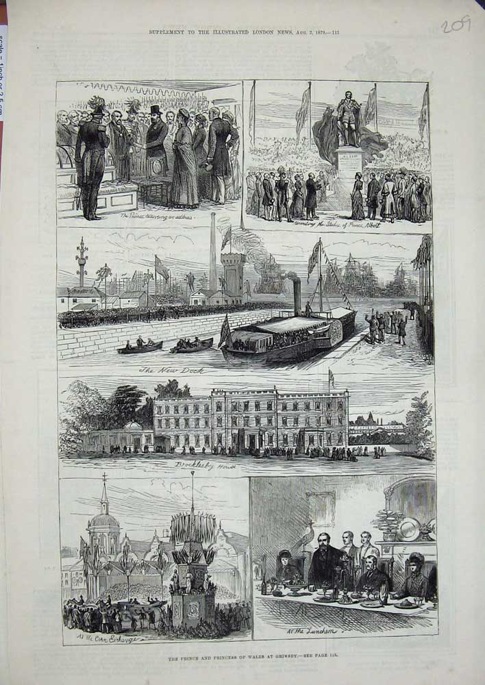 Old Antique Print Prince Princess Wales Grimsby 1879 Corn Exchange Dock 19th