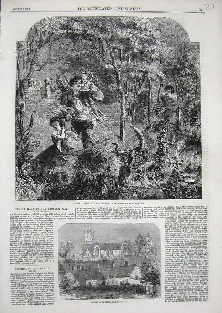 Old Antique Print 1861 Godshill Church Isle Wight Family Woods Children 19th