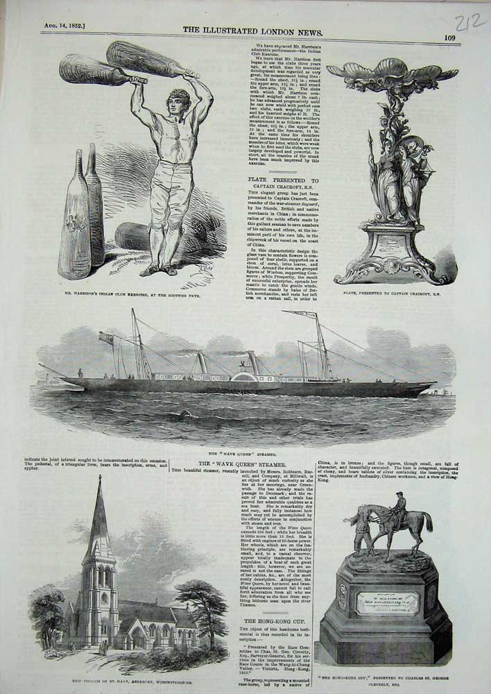 Original Old Antique Print 1852 Church St Mary Worcestershire Wave Queen Ship