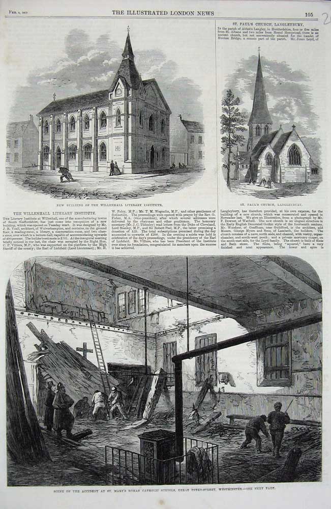 Old Antique Print 1865 Catholic School Westminster Willenhall Langleybury 19th