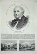 Original Old Antique Print 1873 Lord Westbury Ex-Chancellor Bridge Leeds River