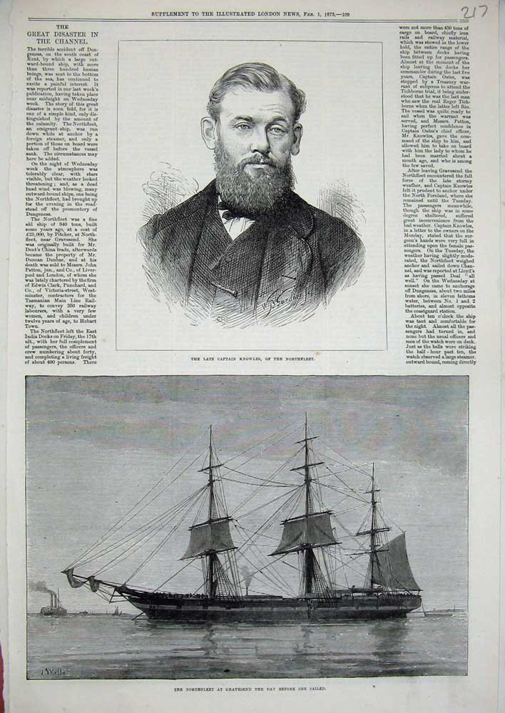Original Old Antique Print 1873 Captain Knowles Northfleet Gravesend Ship War