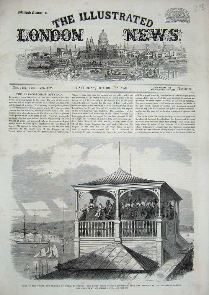 Original Old Antique Print 1864 Prince Wales Sweden Stockholm Mosebacke Garden