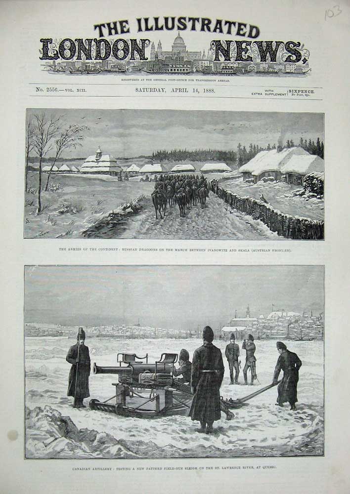 Original Old Antique Print 1888 Siers Russian Dragoons Canadian Artillery War