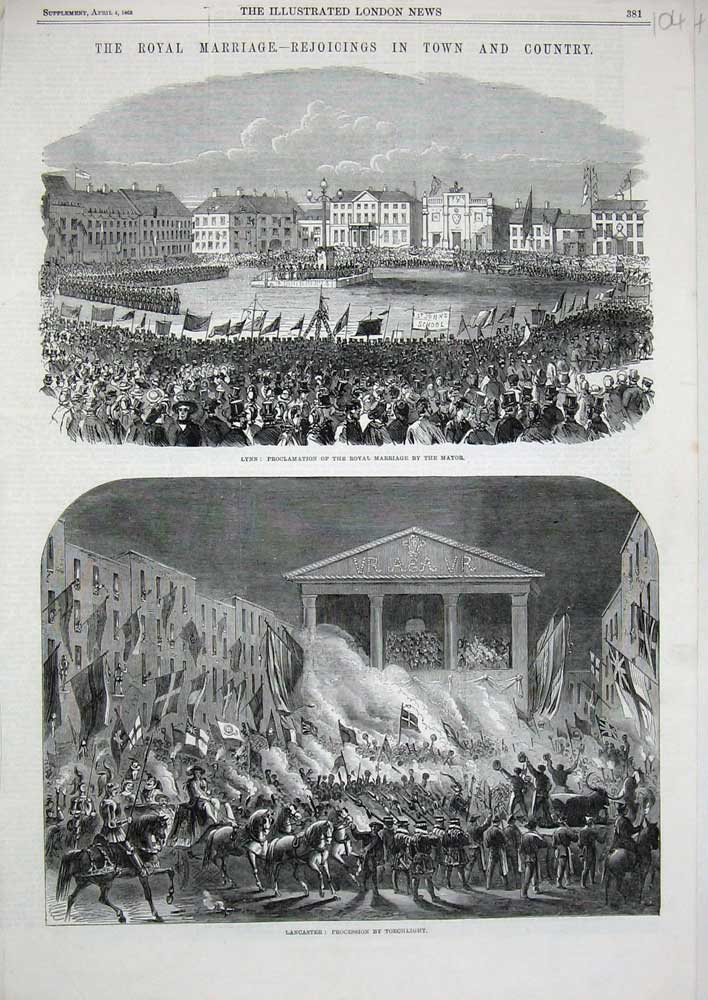 Old Antique Print 1863 Lynn Royal Wedding Lancaster Torchlight Procession 19th