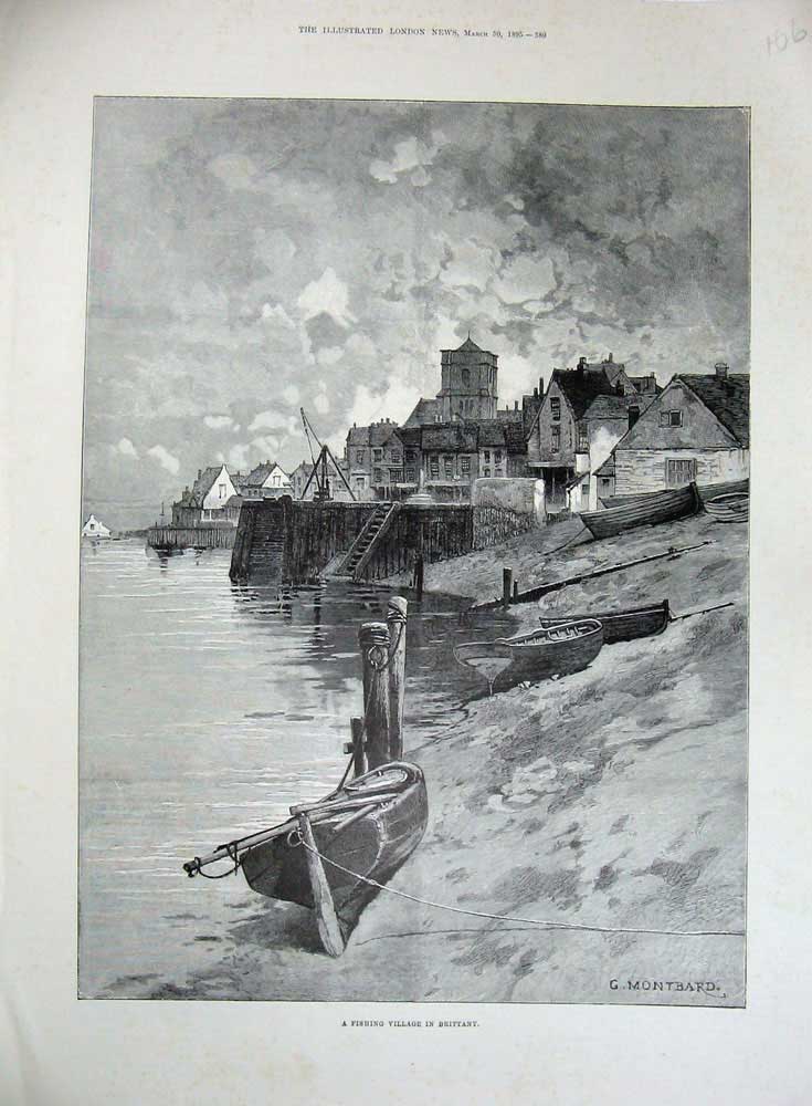 Original Old Antique Print 1895 Fishing Village Brittany France Montbard 19th