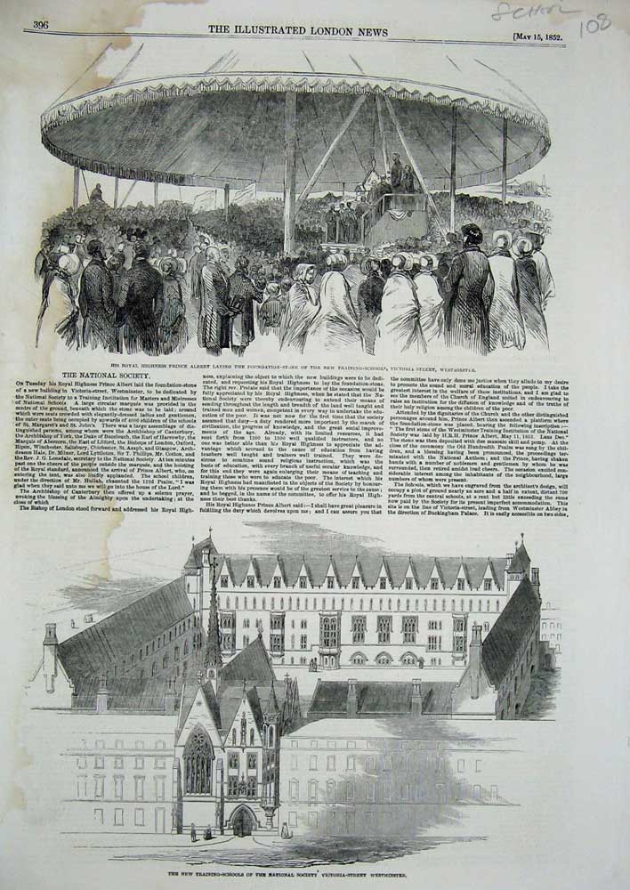 Old Antique Print 1852 Training School Society Westminster Prince Albert 19th