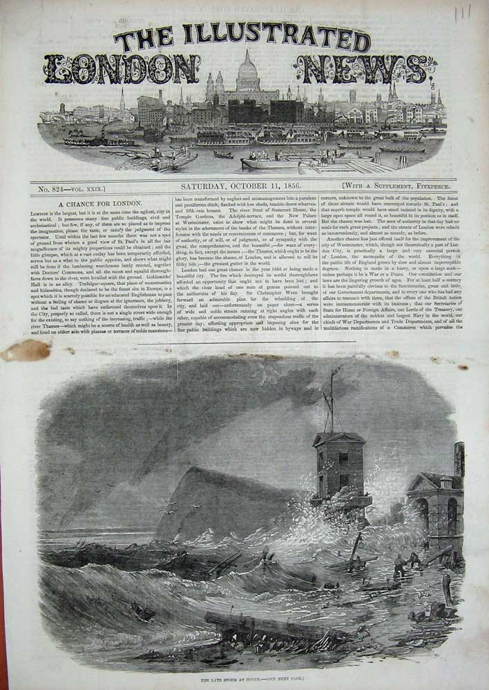 Original Old Antique Print 1856 Sea Storm Dover Ship Wrecks Houses Fine Art
