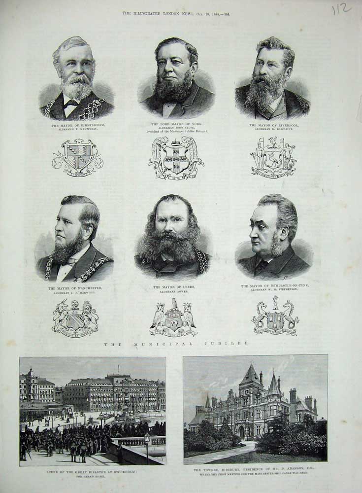 Original Old Antique Print 1885 Didsbury Adamson Hotel Sweden Mayor York Leeds