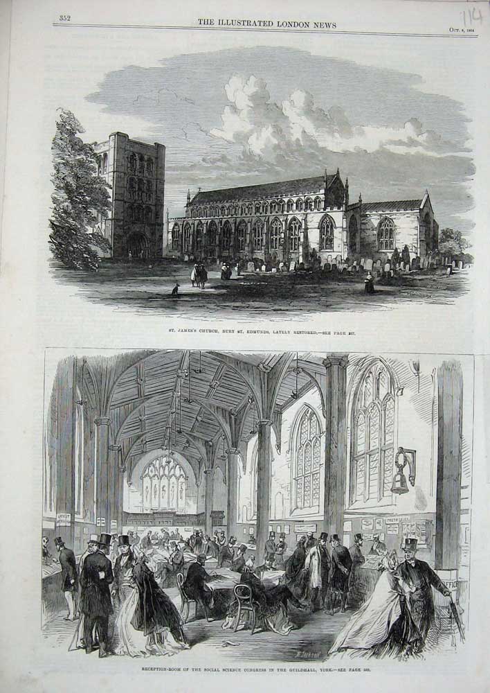 Old Antique Print 1864 St James'S Church Edmunds Guildhall York Science 19th