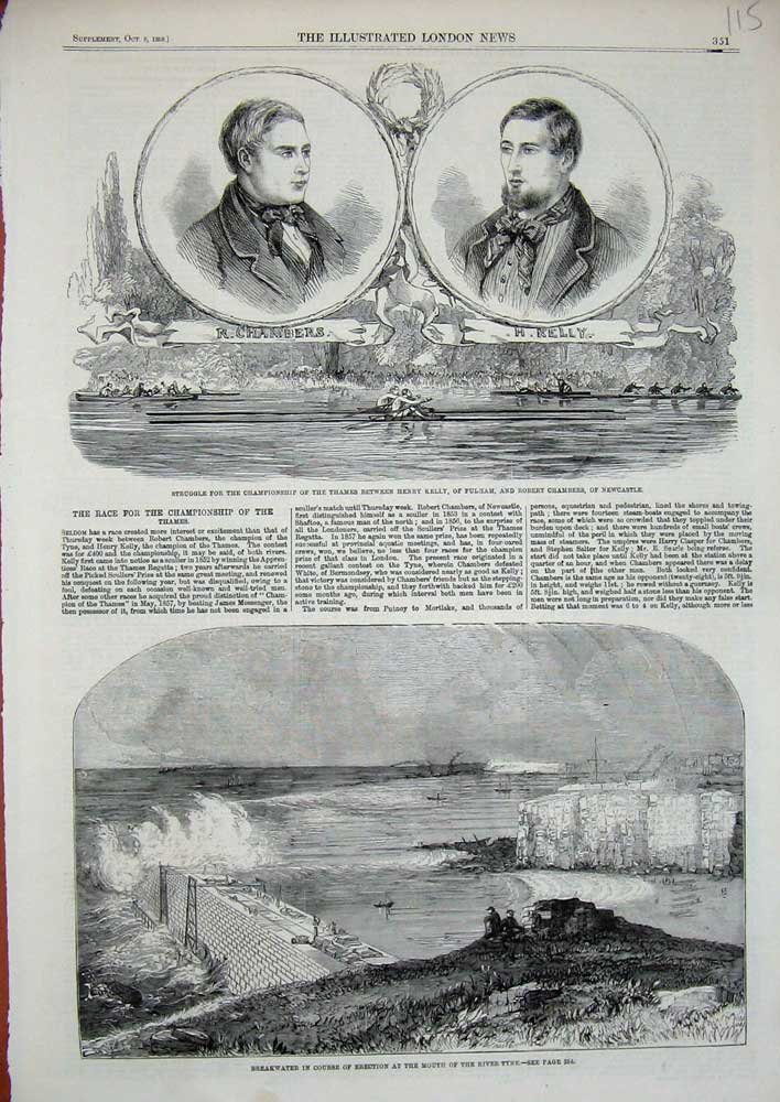 Old Antique Print 1859 River Tyne Boat Race Kelly Chambers Thames Fulham 19th