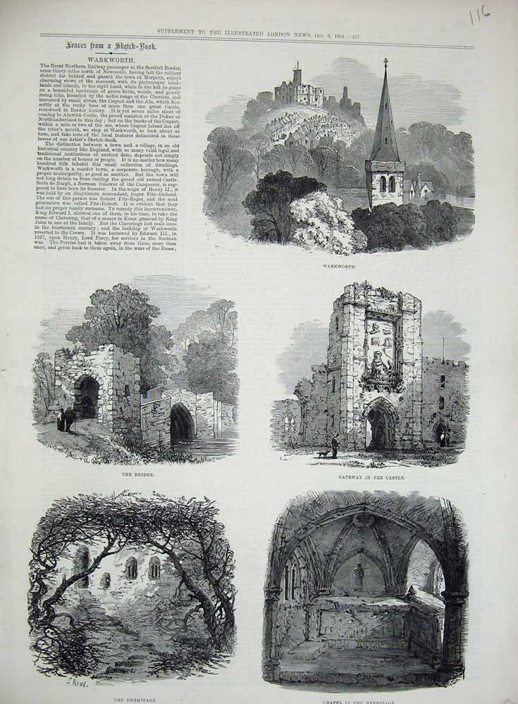 Original Old Antique Print Warkworth Bridge Chapel Hermitage Castle 1831 19th
